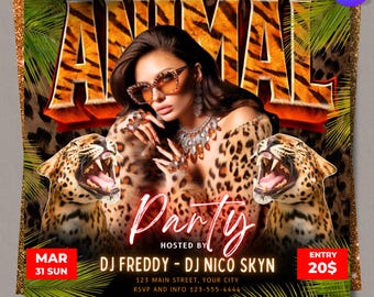 Volante para fiesta de animales, volante para fiesta con estampado de leopardo, invitación para fiesta temática de zoológico, volante para fiesta de club, plantilla editable de Canva con animales de la selva.