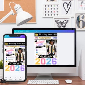 etsy digital download, kindergarten graduation newspaper template, editable graduation announcement Canva, Class of 2026 kids graduation, preschool graduation newspaper, printable graduation keepsake, Canva graduation template kids, custom graduation announcement design, DIY graduation newspaper flyer, instant download Canva template, photo graduation story template, school graduation announcement printable