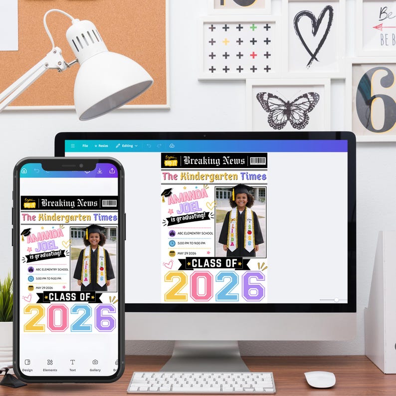 etsy digital download, kindergarten graduation newspaper template, editable graduation announcement Canva, Class of 2026 kids graduation, preschool graduation newspaper, printable graduation keepsake, Canva graduation template kids, custom graduation announcement design, DIY graduation newspaper flyer, instant download Canva template, photo graduation story template, school graduation announcement printable