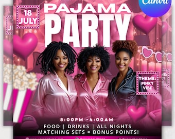 Pajama Party Flyer: Pink Sleepover Event, Canva Editable (Digital Download) Slumber party flyer, Pajama party invitation, Club party flyer