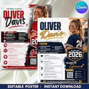 May include: A digital flyer template for a softball player named Oliver Davis, featuring a photo of a player, contact details, academic stats, career highlights, and a QR code. The design includes the text Class of 2026 and Built for the Game.
