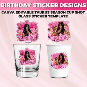 etsy digital download, cup sticker template Canva, styrofoam cup sticker template, zodiac birthday sticker, pink birthday cup sticker, taurus birthday party decor, astrology party sticker template, editable Canva sticker, party cup label template, instant download Canva template, custom birthday stickers, girls party decor stickers, DIY party sticker Canva, aesthetic birthday sticker design, customizable cup labels, zodiac party decorations