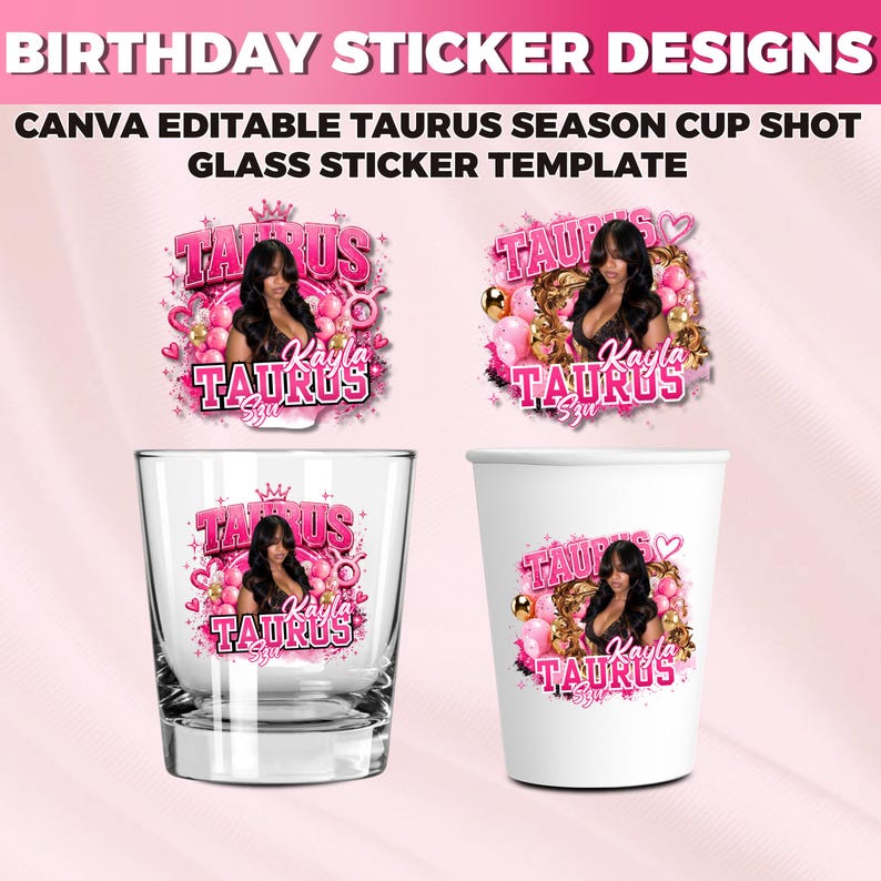 etsy digital download, cup sticker template Canva, styrofoam cup sticker template, zodiac birthday sticker, pink birthday cup sticker, taurus birthday party decor, astrology party sticker template, editable Canva sticker, party cup label template, instant download Canva template, custom birthday stickers, girls party decor stickers, DIY party sticker Canva, aesthetic birthday sticker design, customizable cup labels, zodiac party decorations