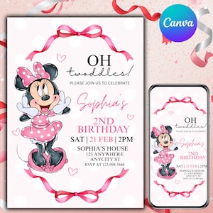 Puede incluir: Invitación de cumpleaños rosa con Minnie Mouse. La invitación incluye el texto "OH twoddles!" y "2nd Birthday de Sophia". El diseño incluye lazos rosas, corazones y el logotipo de Canva.