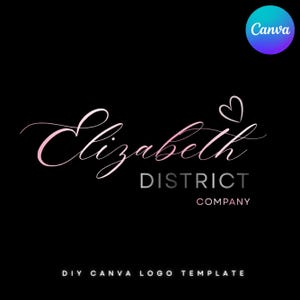 May include: A logo design on a black background. The name "Elizabeth" is written in a cursive, pink gradient font, with a small heart above the "h". Below, "DISTRICT COMPANY" is in a gray, sans-serif font. The Canva logo is in the upper right corner.