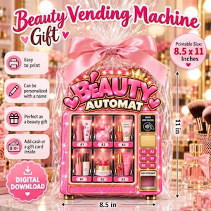 Könnte beinhalten: Ein rosa Beauty-Verkaufsautomat als Geschenkset in transparenter Verpackung mit Satinschleife. Der Automat trägt die Aufschrift Beauty Automat, hat ein Tastenfeld und Fächer von A1 bis B3 mit Kosmetikartikeln. Maße: 21,59 mal 27,94 cm.