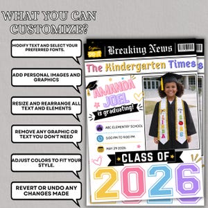 etsy digital download, kindergarten graduation newspaper template, editable graduation announcement Canva, Class of 2026 kids graduation, preschool graduation newspaper, printable graduation keepsake, Canva graduation template kids, custom graduation announcement design, DIY graduation newspaper flyer, instant download Canva template, photo graduation story template, school graduation announcement printable