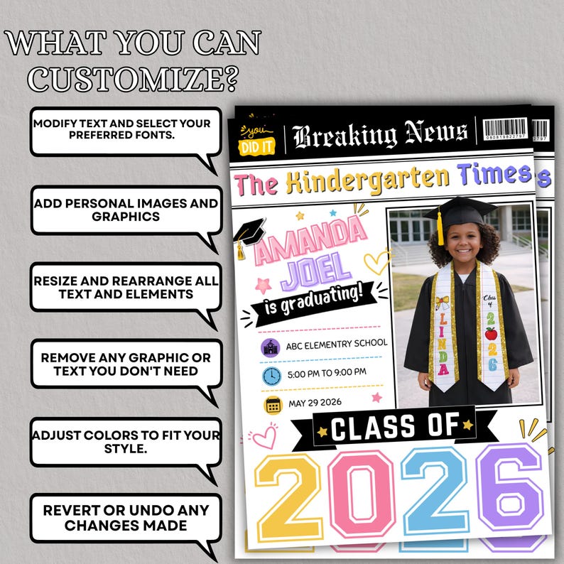 etsy digital download, kindergarten graduation newspaper template, editable graduation announcement Canva, Class of 2026 kids graduation, preschool graduation newspaper, printable graduation keepsake, Canva graduation template kids, custom graduation announcement design, DIY graduation newspaper flyer, instant download Canva template, photo graduation story template, school graduation announcement printable