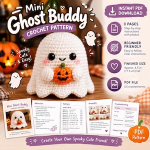 Può includere: Uno schema all'uncinetto per un Mini Ghost Buddy, con un fantasma bianco che tiene in mano una zucca arancione. Il documento include 8 pagine di istruzioni passo dopo passo, elenco materiali, guida all'assemblaggio e consigli per un progetto di 11,5 cm.