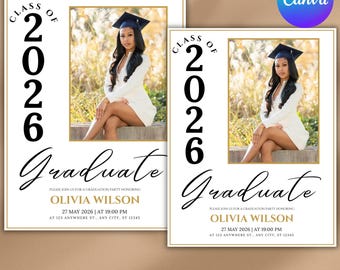 High School Graduation Announcement Template with Photo, Class of 2026 Wildflower Graduation Card Editable Download, Minimalist Graduation