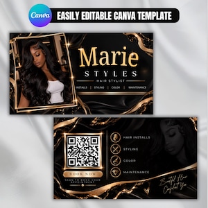 Plantilla de tarjeta de presentación para salón de belleza, tarjeta de presentación editable en Canva, tarjeta de presentación profesional para pequeñas empresas, plantilla con código QR (DESCARGA INSTANTÁNEA)