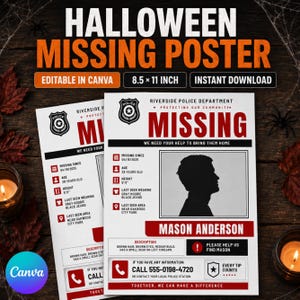 May include: An editable Halloween missing poster template featuring a Riverside Police Department header, a silhouette of a person, and text fields for details like name, age, and height. The document measures 8.5 by 11 inches in size.