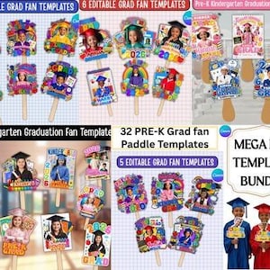 May include: A collection of graduation fan templates featuring children in graduation attire. The fans have various designs, including the text "GRAD" and "PRE-K GRAD". The image includes the text "MEGA FAN TEMPLATE BUNDLE".