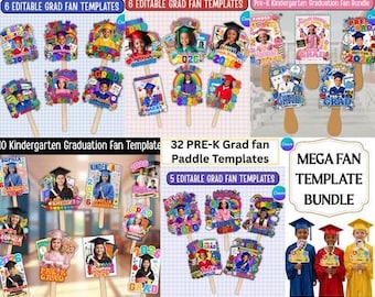 32 Pre‑K Kindergarten Graduation Fan Template Mega Bundle, Kids Graduation Fan Templates for Canva, Editable Grad Paddle Fans, Class of 2026
