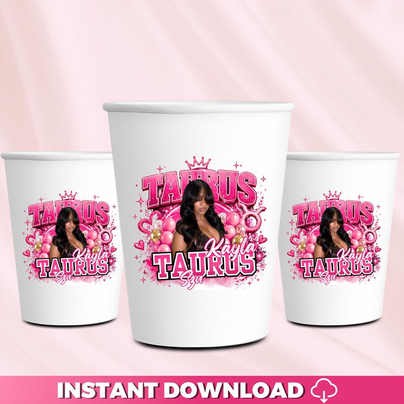 etsy digital download, cup sticker template Canva, styrofoam cup sticker template, zodiac birthday sticker, pink birthday cup sticker, taurus birthday party decor, astrology party sticker template, editable Canva sticker, party cup label template, instant download Canva template, custom birthday stickers, girls party decor stickers, DIY party sticker Canva, aesthetic birthday sticker design, customizable cup labels, zodiac party decorations