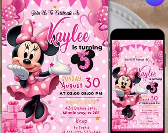 Invitación de cumpleaños editable de Minnie Mouse, invitación rosa para fiesta de niña, invitación de cumpleaños infantil, cumpleaños de Minnie Mouse, textos personalizables, descarga digital.