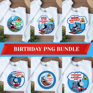 Puede incluir: Sudaderas blancas con diseños gráficos coloridos que presentan un tren de dibujos animados y el texto "Birthday Boy", "Dad of the Birthday Boy", "Mom of the Birthday Boy", "Grandpa of the Birthday Boy", "Grandma of the Birthday Boy" y "Brother of the Birthday Boy". La imagen también incluye el texto "BIRTHDAY PNG BUNDLE."