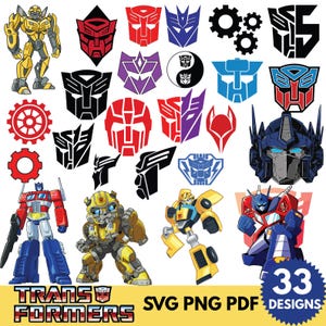 May include: A collection of Transformers-themed designs, including character illustrations of Optimus Prime and Bumblebee, along with various logos and emblems. The image includes the text "TRANSFORMERS" and "SVG PNG PDF 33 DESIGNS".