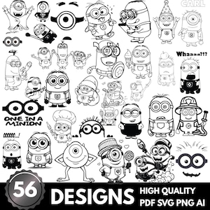 Puede incluir: Una colección de 56 diseños de Minions en blanco y negro en varias poses y actividades. La imagen incluye el texto "ONE IN A MINION", "56 DESIGNS" y "HIGH QUALITY PDF SVG PNG AI".