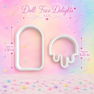 May include: Two white plastic cookie cutters against a pastel background with the text Doll Face Delights LLC. The left cutter is an arch shape measuring 5.50 inches, and the right cutter is a circular shape with a drip design measuring 4.25 inches.