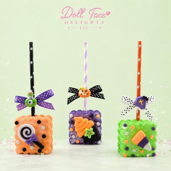 Pastel Halloween Faux Wafer Cookie Picks – Set of 3 | Kawaii Fake Bake Decor | Tiered Tray Decor