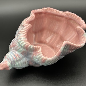 May include: A ceramic seashell-shaped planter in shades of pink, blue, and green. The interior is a solid pink, while the exterior features textured ridges and a blend of colors. The planter is designed to hold small plants or decorative items.