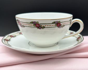 Antique Royal Bayreuth Bavaria Teacup and Saucer Set c. 1902 | Pink Rose & Purple Floral Garland, Gold Rim | Edwardian China Replacement