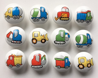 Construction Nursery knobs (LRG) Hand Painted for Boys, Kids, Nursery Rooms - Diggers and Trucks - Hand painted knobs - nursery room decor