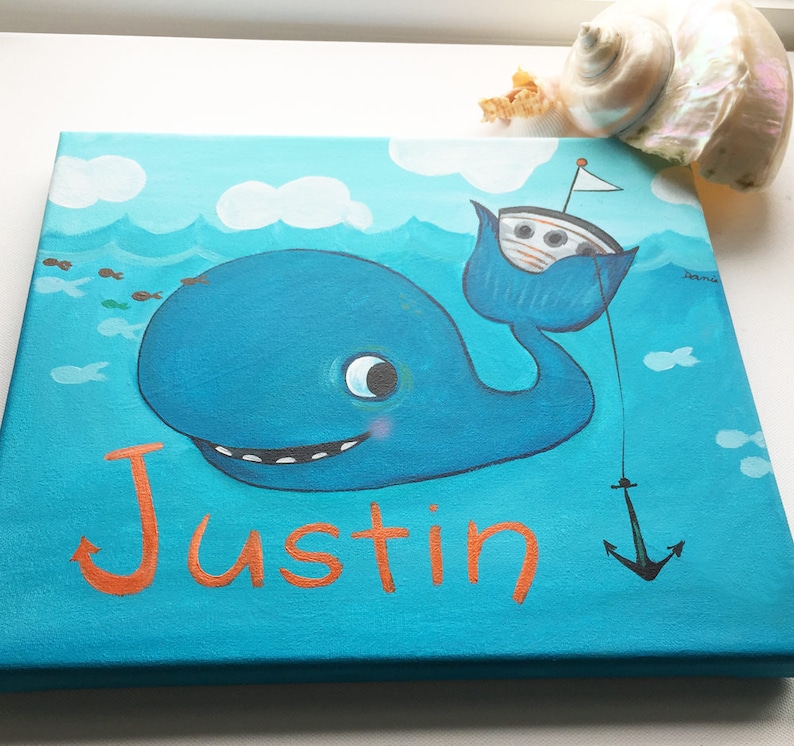 Play Rooms and Nursery Rooms Whale Canvas Painting Hand Painted for Boys Rooms Whale Nursery Art Personalized Art
