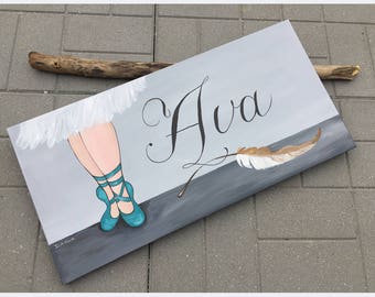 Personalized Painting Ballet Wall Art / Wall Name Hanging / Sign, Hand Painted for Girls Rooms, Play Rooms and Nursery Rooms/ Feathered Art