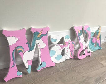 Unicorn Nursery Wooden Letters -LARGE- New Baby gift - Girl's Wall Art Nursery Decor - Hand Painted Letters- Baby Girl Art - Rainbow Letters