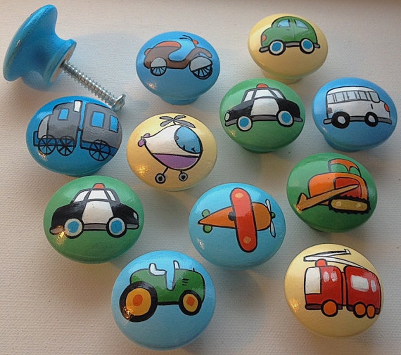 Patchwork Transportation Drawer Pulls large / Dresser Knobs / Closet Handles / Hand Painted for Kids Nursery Rooms Assorted Background image 1