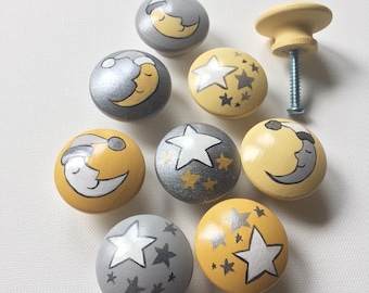 Moon and Stars Drawer Pulls Drawer Knobs Yellow Silver Knobs Sleeping Moon Decor Yellow Grey Nursery Baby Nursery Art Drawer Knobs