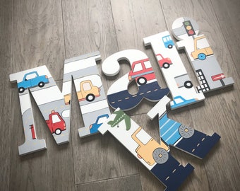 Traffic Jam Wooden Wall Letters / Transportation Letters for Boys/ Name Hangings, Hand Painted for Boys Rooms, Play Rooms and Nursery Rooms