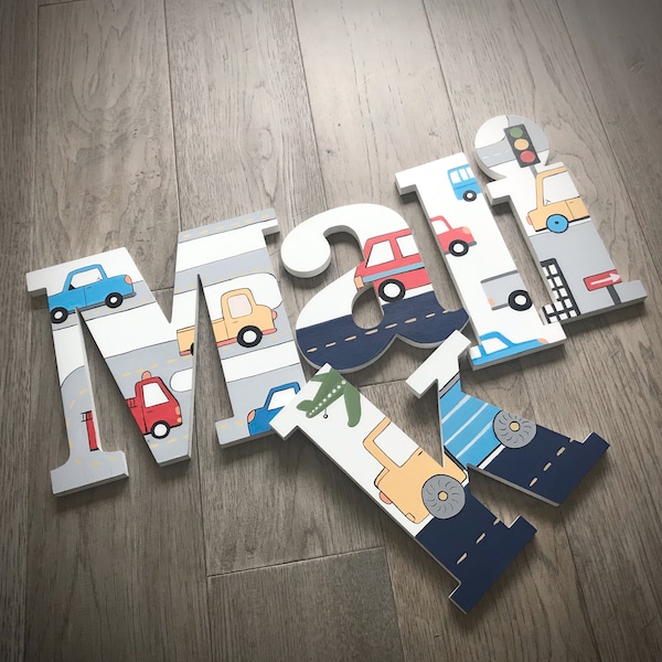 Traffic Jam Wooden Wall Letters / Transportation Letters for Boys/ Name Hangings, Hand Painted for Boys Rooms, Play Rooms and Nursery Rooms