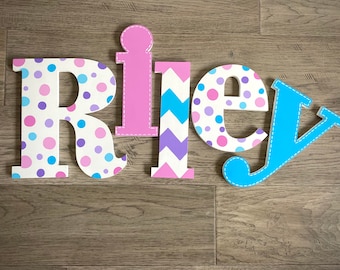 Pink Purple Blue Large Wooden Wall Name Letters/ Pink Chevron, Hand Painted for Girls Rooms/ bubble gum letters