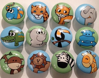 Animal Drawer Pulls / Dresser Knobs and Pulls Hand Painted for Boys, Girls, Kids (Blue/Green Background) Baby Boy Gifts Baby Shower Gift