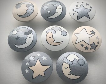 Hand Painted knobs (LRG) - Moon and Stars nursery - Nursery Room Decor - Silver Moon -  Stars