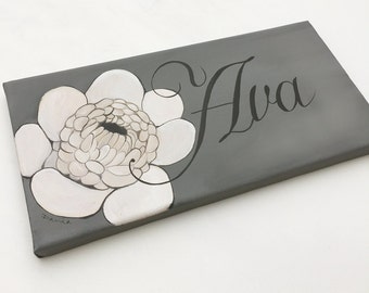 Vintage Flower Canvas Door Plaque / Wall Name Hanging / Sign, Hand Painted for Girls Rooms, Play Rooms and Nursery Rooms