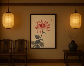 May include: An interior scene featuring a framed floral print, two wooden chairs, and a small table with a vase. Two illuminated paper lanterns hang from the ceiling, casting a warm glow. The artwork depicts a large red flower.