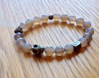 Stretch bracelet semi-precious quartz agate stone beads, pyrite skull & nugget beadss boho funky organic semi-precious