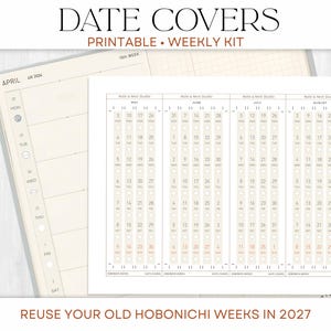 Puede incluir: Cubiertas de fechas imprimibles para una agenda, con el texto "DATE COVERS PRINTABLE WEEKLY KIT". La imagen muestra una agenda con insertos de calendario para mayo, junio, julio y agosto. El texto "REUSE YOUR OLD HOBONICHI WEEKS IN 2027" está en la parte inferior.