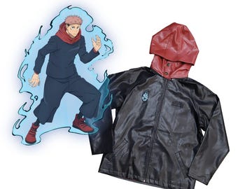 Black Flash Inspired Leather Jacket with Removable Hood | Anime Streetwear Embroidered Unisex Jacket