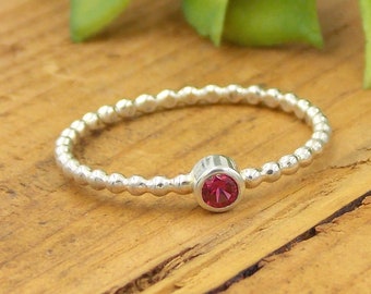 Ruby Stacking Ring with Beaded Band made from Sterling Silver, July Birthstone