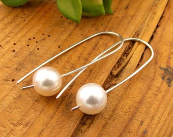 Genuine Large Freshwater Pearl Pendulum Earrings: June birthstone, modern, minimalist, simple, and contemporary dangles