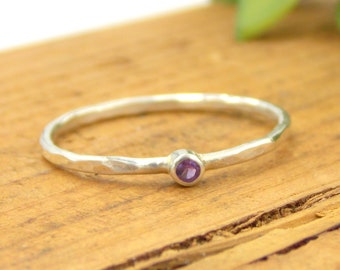 Tiny Hammered Amethyst Stacking Ring made from sterling silver, a small and dainty February birthstone ring
