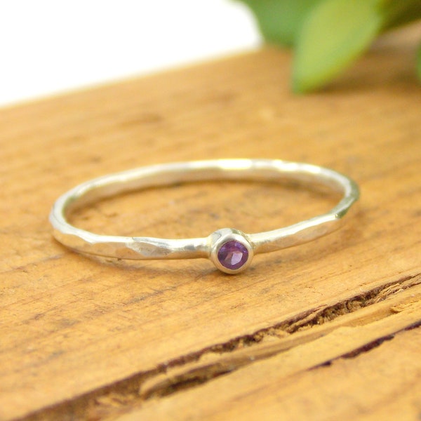 Tiny Hammered Amethyst Stacking Ring made from sterling silver, a small and dainty February birthstone ring