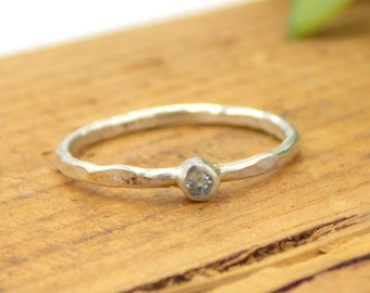 Tiny Hammered Aquamarine Stacking Ring made from sterling silver, a small and dainty March birthstone ring