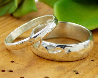 His & Hers Hammered Domed Wedding Band Set: textured sterling silver rings