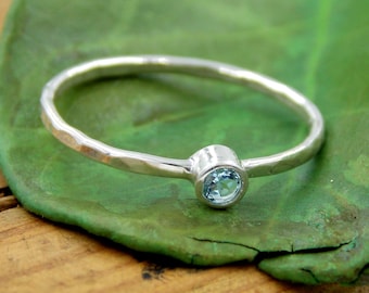 Sterling Silver Birthstone Stacking Ring w/ Hammered Band